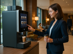 Kaffeeautomat Standgerät – Der große Ratgeber für Gastronomie, Büros und öffentliche Einrichtungen Businessfrau bedient ein modernes Kaffeeautomat Standgerät mit Touchscreen in einer hellen Hotellobby