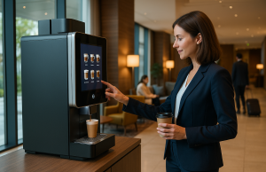 Kaffeeautomat Standgerät – Der große Ratgeber für Gastronomie, Büros und öffentliche Einrichtungen Businessfrau bedient ein modernes Kaffeeautomat Standgerät mit Touchscreen in einer hellen Hotellobby