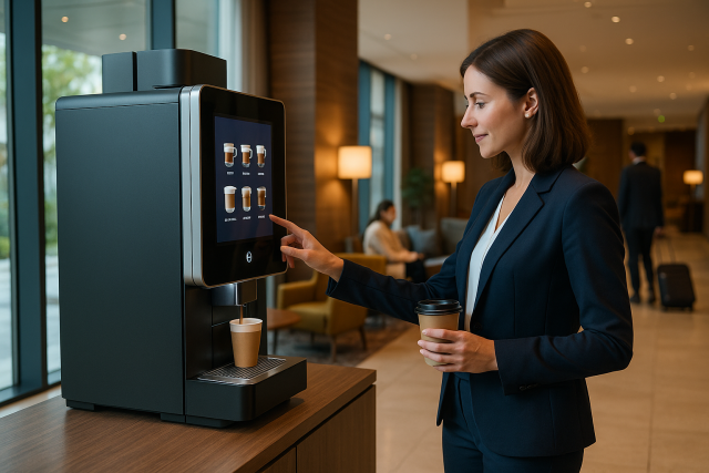 Businessfrau bedient ein modernes Kaffeeautomat Standgerät mit Touchscreen in einer hellen Hotellobby Businessfrau bedient ein modernes Kaffeeautomat Standgerät mit Touchscreen in einer hellen Hotellobby